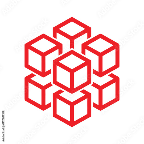 Red cube structure isolated on white background, representing data, technology, and modern design elements.