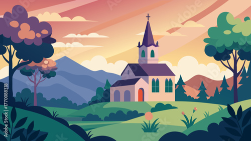 Church building on a sunny landscape