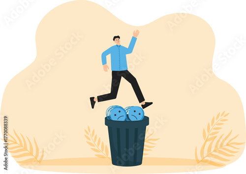Get rid of work anxiety and stressed and unhappiness emotion, relax to gain happiness concept, businessman throw away stressed and anxiety into the bin.
