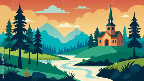 Idyllic mountain landscape with a charming church nestled beside a winding river and evergreen trees