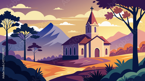 Tranquil church nestled in a vibrant valley with majestic mountains and colorful trees under a twilight sky
