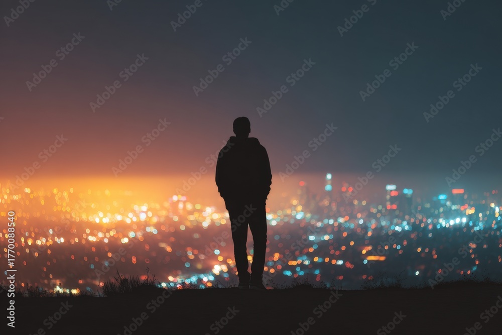 Fototapeta premium Silhouette of person standing on hill overlooking city lights at dusk urban landscape night time solitude peaceful introspective feeling beautiful cityscape glowing horizon standing man