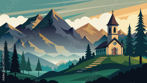 Serene mountain landscape with a charming church nestled on a hill surrounded by evergreen trees