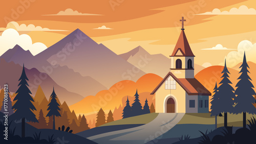 Serene mountain landscape with a charming church and pine trees at sunset