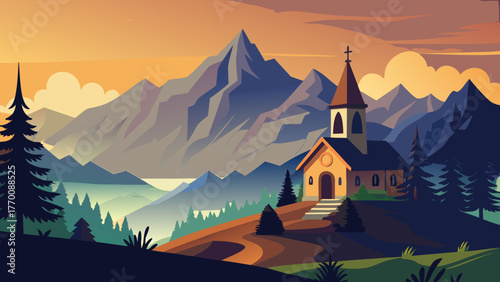Serene mountain landscape with a charming church nestled amidst pine trees at sunset