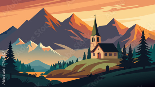 Serene mountain landscape with a charming church nestled on a hill at sunset