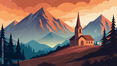Serene mountain landscape with a charming church nestled on a hill at sunset