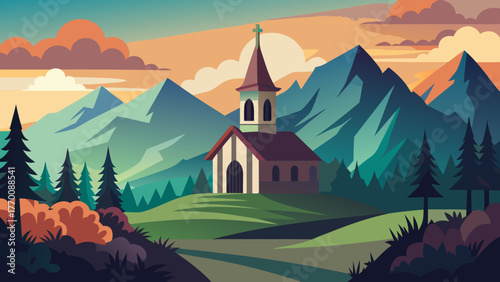 Tranquil mountain landscape with a charming church nestled amongst evergreen trees and rolling hills during sunset