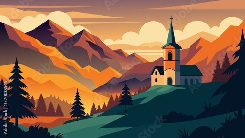 Serene mountain landscape with a charming church nestled on a hill at sunset