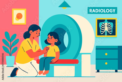 Flat vector of radiology staff comforting child before scan in colorful clinic