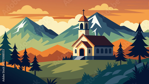 Serene mountain landscape with a charming church at sunset with snow capped peaks and pine trees