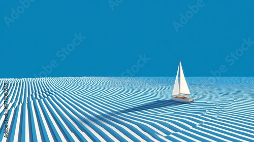 Minimalist geometric scene with sailboat model over diagonal blue and white striped waves, clean lines, modern design look