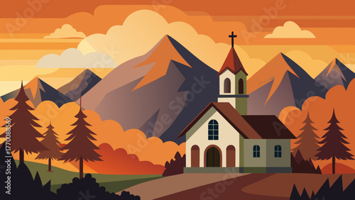 Serene mountain landscape with a charming church nestled amongst autumn trees at sunset