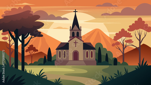 Stylized illustration of a charming church nestled among rolling hills and trees at sunset
