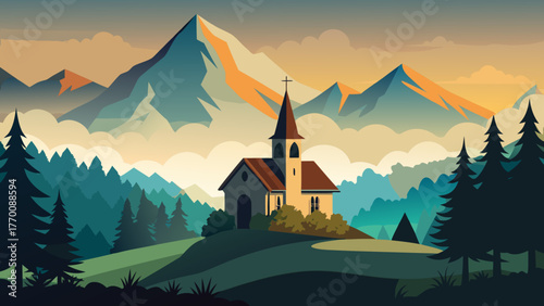 Serene mountain landscape featuring a charming church nestled amidst rolling hills and evergreen forests at sunset