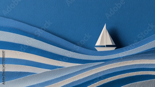 Minimalist geometric scene with sailboat model over diagonal blue and white striped waves, clean lines, modern design look