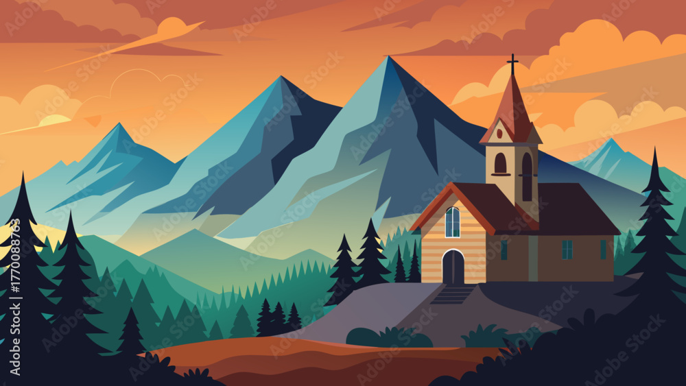 Naklejka premium Church in the mountains at sunset time