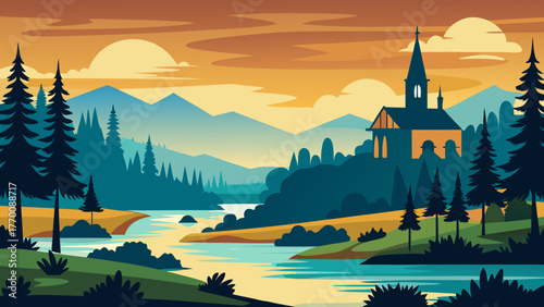 Serene mountain landscape with a charming church overlooking a winding river at sunset