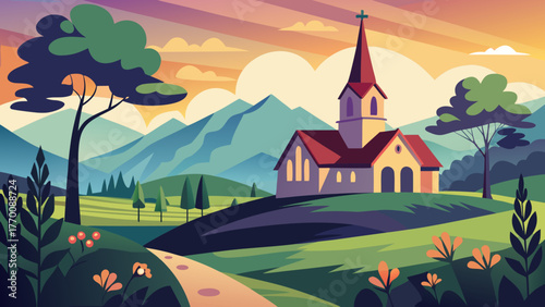 Church in the mountains at sunset time