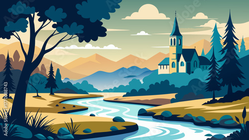 Stylized illustration of a serene landscape with a winding river rolling hills and a distant church spire