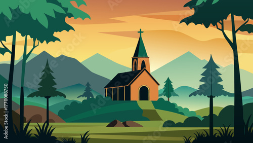 Tranquil countryside church with mountains and trees at sunset in a stylized illustration