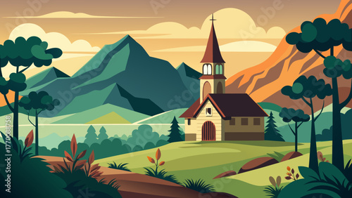 Idyllic landscape scene featuring a charming church amidst rolling hills and majestic mountains at sunset