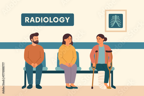 Flat vector of patients waiting in radiology department with signage and seating area