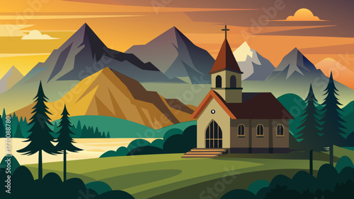 Church in the mountains at sunset time