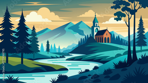 Serene mountain landscape with a quaint village church and winding river at sunset