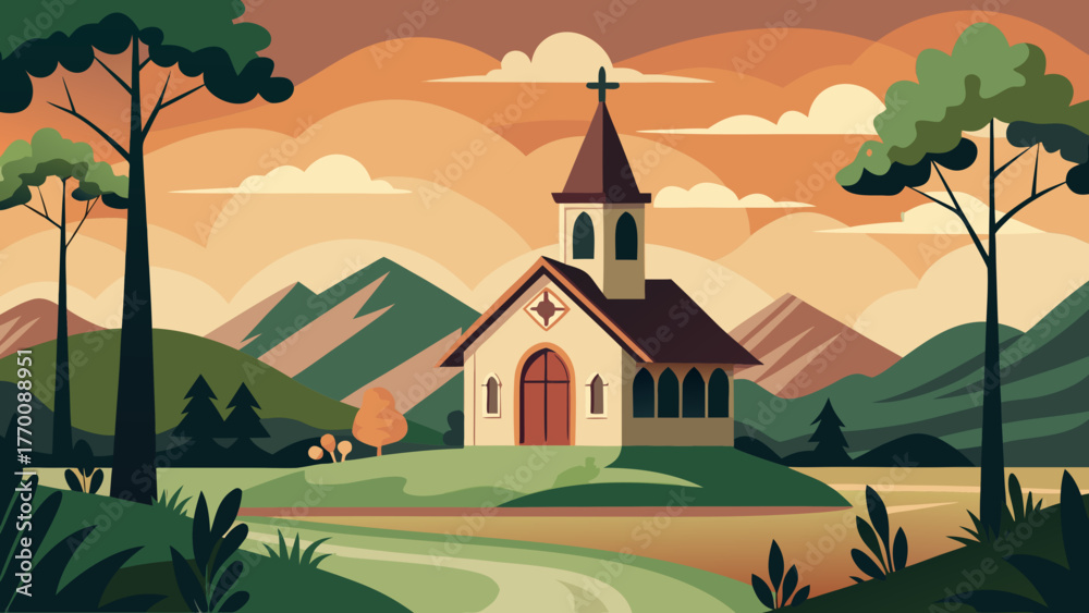 Naklejka premium Charming rural church nestled in rolling hills with majestic mountains and a warm sunset sky