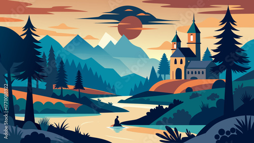 Landscape with church and mountain view