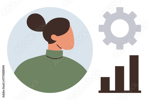 Abstract woman in green against blue circle, gear for planning, bar chart for growth. Ideal for business, analytics, strategy, teamwork, progress leadership productivity. Minimalist flat metaphor