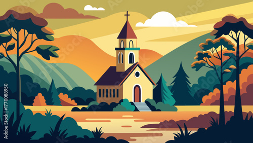 Stylized illustration of a charming yellow church nestled in a vibrant landscape at sunset