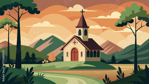 Charming rural church nestled in rolling hills with majestic mountains and a warm sunset sky