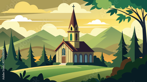 Church in mountain landscape at daytime