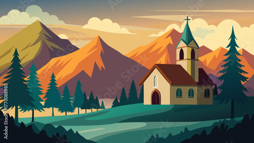 Illustration of a church in mountains