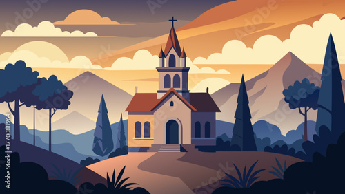Church in nature landscape illustration