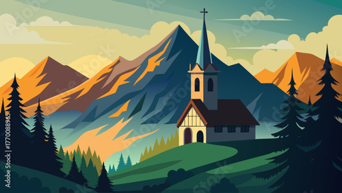 Church in mountain landscape at sunset