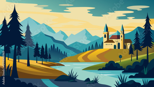 Church in a landscape with river view