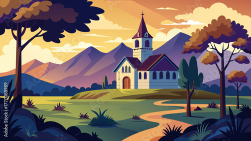 Tranquil village church nestled among rolling hills and majestic mountains at sunset