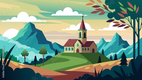 Idyllic european village church nestled on a green hill with majestic mountains and colorful foliage