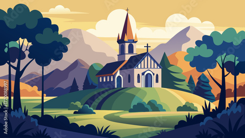 Church in nature landscape illustration