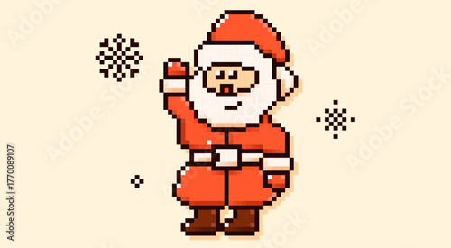 Pixel art cute Santa Claus with 8 bit snowflakes.
