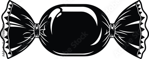 Black and white candy illustration, sweet wrapped candy design, simple dessert vector art for holiday decoration, confectionery, logo, packaging, retro style, minimal background