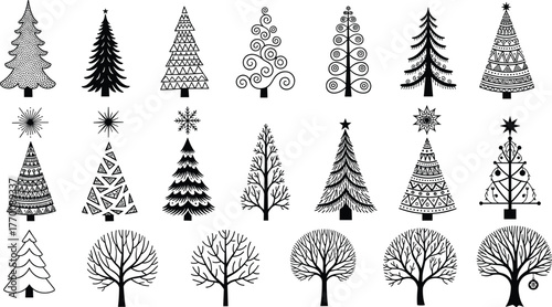Black silhouette Christmas trees and winter tree collection, festive holiday decoration elements, minimalist pine and spruce design set for greeting cards, posters, and artwork
