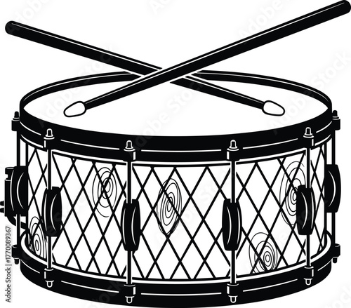Black snare drum with drumsticks illustration, musical instrument vector design, percussion rhythm concept, marching band equipment, sound and beat symbol in monochrome style for music theme