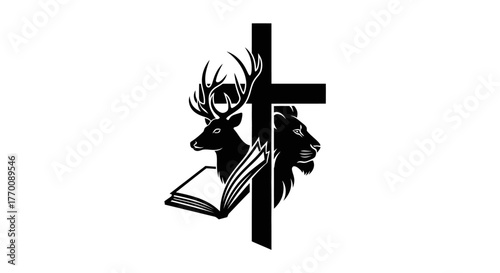 Graphic illustration of a cross with deer, lion, and book isolated on white