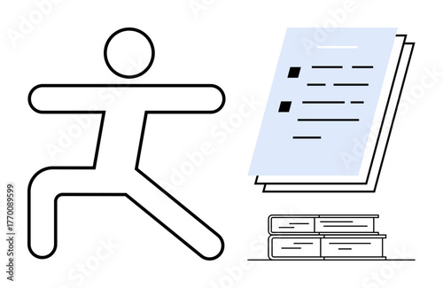 Person practicing yoga pose beside books and documents, symbolizing harmony between body and mind. Ideal for wellness, fitness, mindfulness, self-help, education, balance productivity. Simple flat