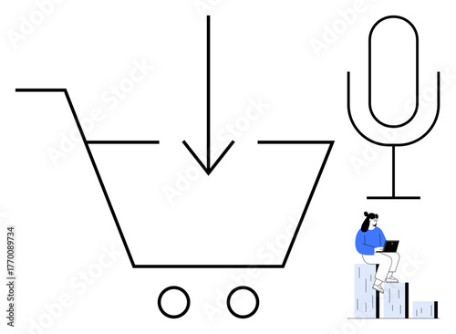Shopping cart with downward arrow, large microphone icon, and woman using laptop on stacked cubes. Ideal for voice technology, e-commerce, innovation, accessibility, shopping trends, digital