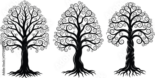 Decorative tree of life with roots and spiral branches, black vector illustration, elegant nature design, growth, balance, organic beauty, abstract art style